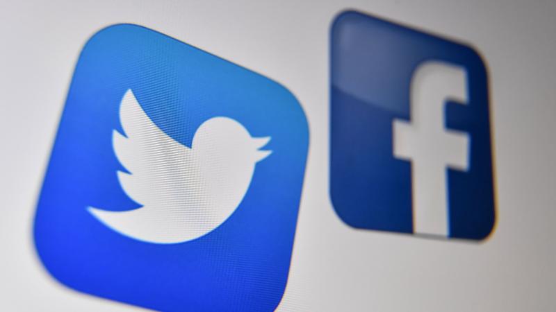 A photo taken on October 21, 2020 shows the logo of the the American online social media and social networking service, Facebook and Twitter on a computer screen in Lille.